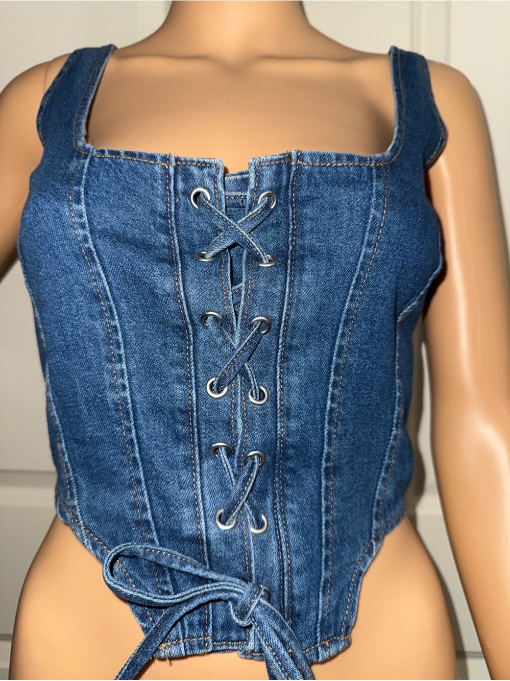 New Lone Star Denim Lace-Up Corset Tank Top - Blue - Picture 4 of 6